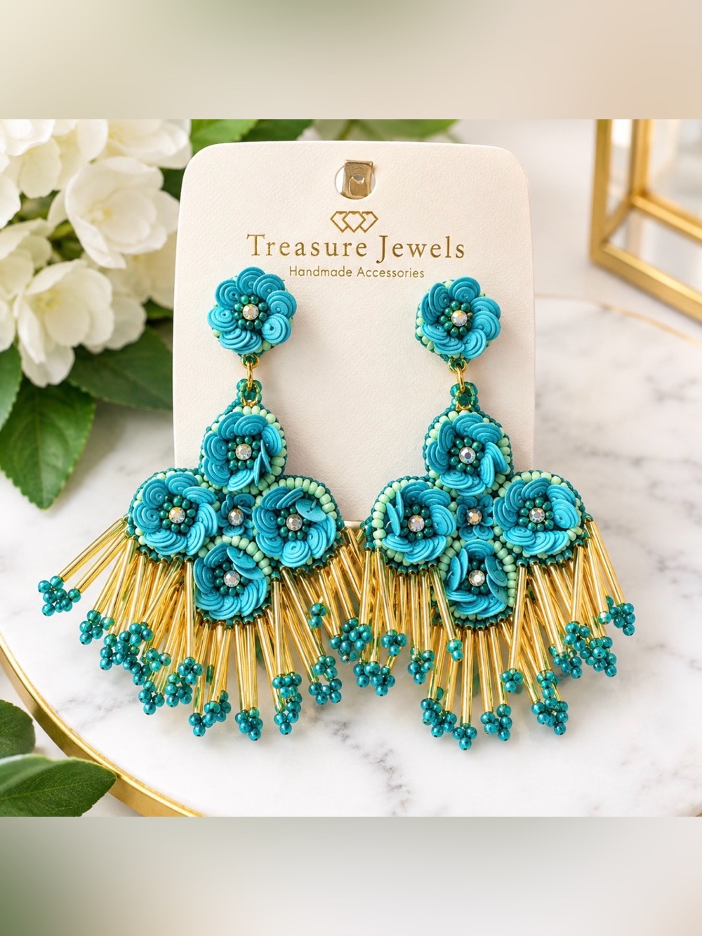 Handmade Statement Chandelier Earrings Beaded Floral Boho Dangle Earrings
